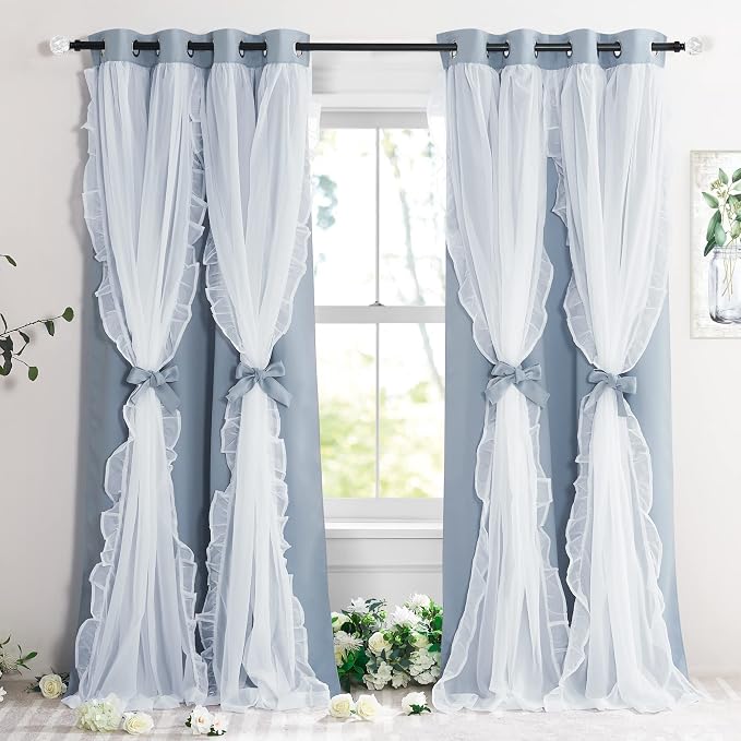 PONY DANCE Ruffle Curtains Double Layers Sheer Overlay Elegant Decoration for French Country Rustic Design Window Covering with Tiebacks, 52" Wide x 95" Long, Pigeon Blue, 2 Panels