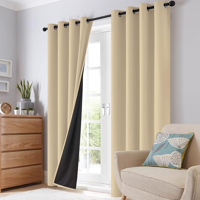 SimpleHome Beige 100% Blackout Curtains Room Darkening Living Room 63 Inch | Curtains for Bedroom,Thermal Insulated Grommet Window Drapes,Curtains for Living Room with Black Back,52 x 63 Inch,2 Panels
