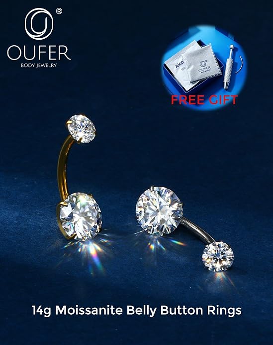 OUFER 14G G23 Titanium Moissanite Internally Threaded Belly Button Ring with Care Kit for Healing,D Color VVS1 Brilliant Cut Stones, Silver/18K Gold Plated Hypoallergenic Navel Piercing Jewelry for Women Men