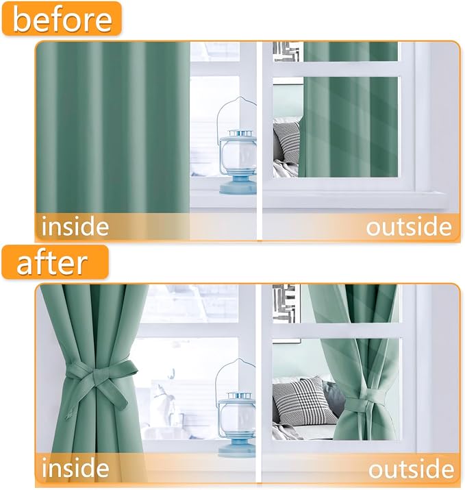 Hiasan Room Darkening Curtains for Bedroom, 70 x 84 Inches - Thermal Insulated & Energy Saving Window Drapes for Living Room/Dorm Room, Set of 2 Panels Sewn with Tiebacks, Sage Green