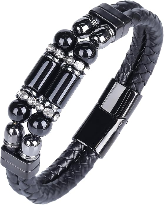 Mens Leather Turquoise/Tiger Eye/Obsidian/Lava Stone Bracelet–Braided Multi‑Layer Wristband Cuff Bangle Barcelet–Jewelry Box and Pouch Packing