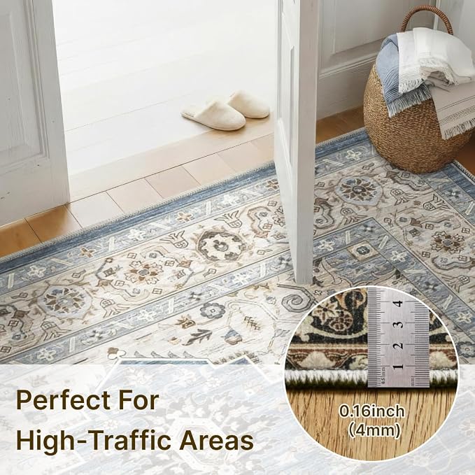 9x12 Area Rug for Living Room-Vintage Farmhouse Boho Floral Washable Stain Resistant Indoor Carpet for Bedroom Office and Home Decor(Floral Blue)