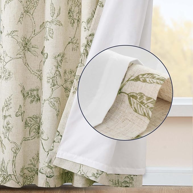 jinchan Green Floral Linen Curtains Lined 96 Inch Vintage Back Tab 2 Panels | Privacy lining, light filtering drapes, cottagecore, french country, farmhouse, bedroom, living room, window treatment