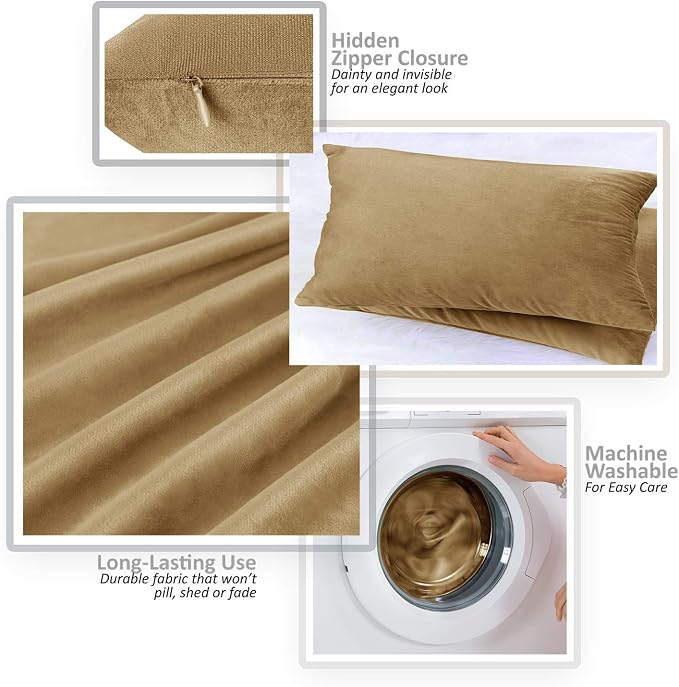 Nestl Throw Pillow Covers, Cozy Velvet Decorative Pillow Covers 12 x 20 Inches, Soft Solid Couch Pillow Covers for Sofa, Bed and Car, Set of 2 - Mocha Light Brown