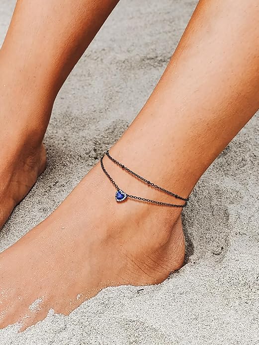 Richsteel Double Layer Heart/Butterfly Birthstone Anklet for Women Non Tarnish Waterproof, Silver/Gold/Black Stainless Steel 8.5-10.5 Inch Adjustable Chain Anklets Jewelry Gifts for Her