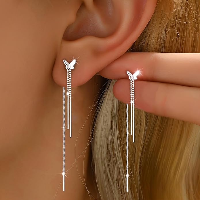 925 Sterling Silver Tassel Chain Dangle Earrings for Women Sparkling Long Fringe Dangle Drop Earrings Bling Line Minimalist Wedding Studs Earring Jewelry Birthday Christmas Gifts for Her