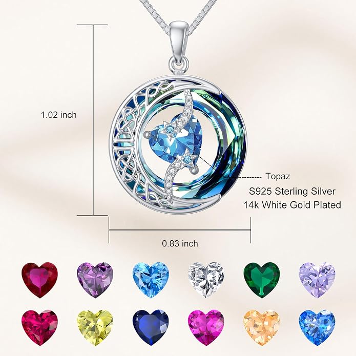 TOUPOP Birthstone Necklace 925 Sterling Silver Moon and Star Pendant Celtic Moon Jewelry with Blue Crystal Anniversary Birthday Gifts for Women Mom Wife Her