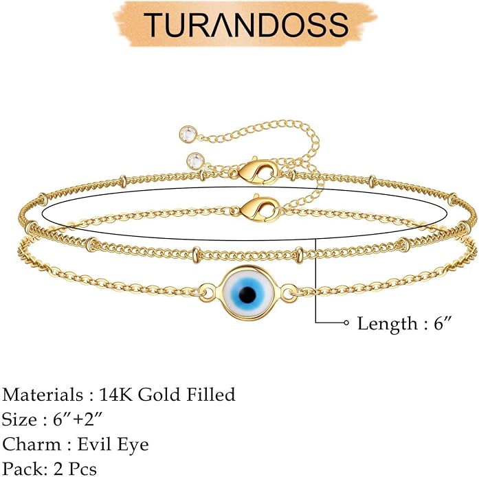 Dainty Gold Bracelets for Women, 14K Gold Plated Adjustable Layered Beads Bracelet Cute Evil Eye Oval Chain Pearl Bar Turtle Gold Bracelets for Women Jewelry
