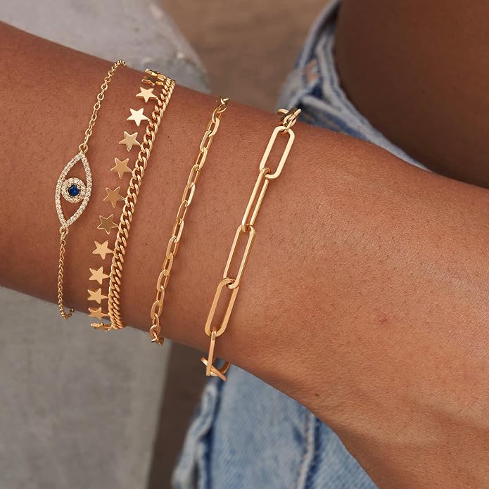 Dremmy Studios Gold Bracelet for Women 18K Gold Plated Dainty Paperclip Cubic Zirconia Disc Coin Star Cable Satellite Bead Pearl Simple Boho Minimalist Stacking Layered Link Jewelry Gift
