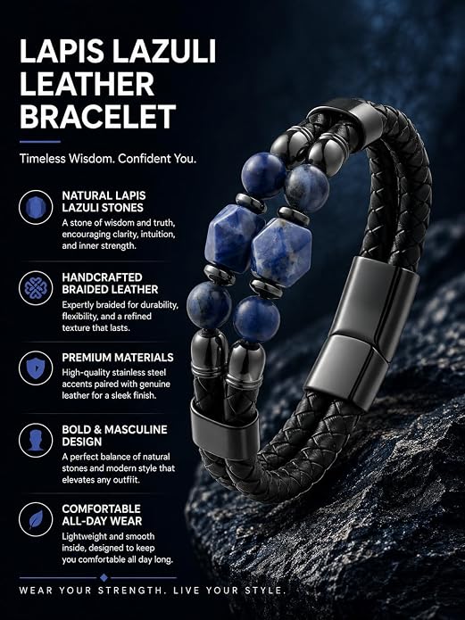 Black Braided Leather Bracelet for Men with Turquoise, Lapis Lazuli, Tiger Eye, Obsidian Stone Double-Row Wristband Beads with Stainless Steel Clasp Fashion Jewelry Gift for Him