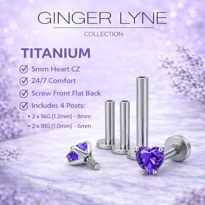 Titanium Heart CZ Labret Stud Earrings for Piercings by Ginger Lyne 6Pc Set G23 Screw Front Flat Back Body Jewelry 2 pair post 6mm, 8mm Cartilage, Helix, Tragus, Lip, Conch, Lobe