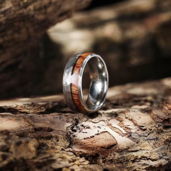 King Will 8mm Silver Hammered Titanium Ring Center Inlaid Wood Wedding Band for Men Hammered Wood Titanium Rings Polish Comfort Fit