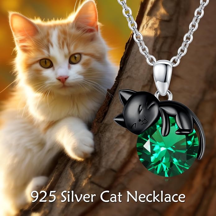 Cat Necklace Sterling Silver Cat Zircon Pendant Gothic Jewelry for Women Animal Lovers Gifts