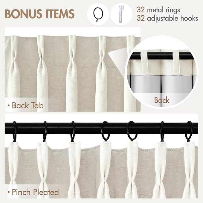 MIULEE Pinch Pleated 100% Blackout Curtains 40"x90" Beige White 4 Panel Set | Thick Linen, Memory Trained Pleat, Back Tab Double Layer Drapes, Thermal Insulated, Curtain for Bedroom Living Room Darkening