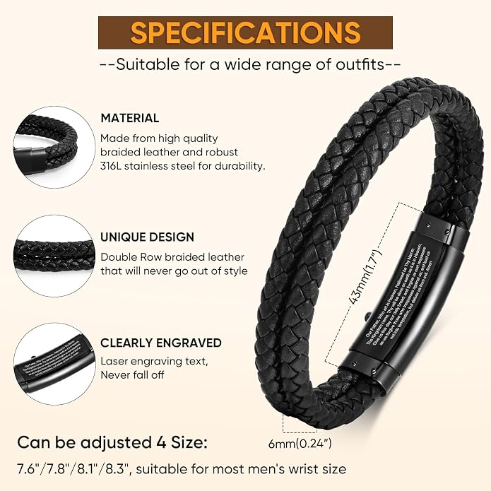 VNOX Men's Inspirational Mantra Engarved Handmade Braided Leather Adjustable Cuff Bangle Bracelet Encouragement Motivational Gift for Men