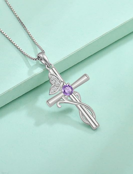 STARCHENIE Butterfly Cross Necklace 925 Sterling Silver Crucifix Pendant Birthstone Jewelry for Women