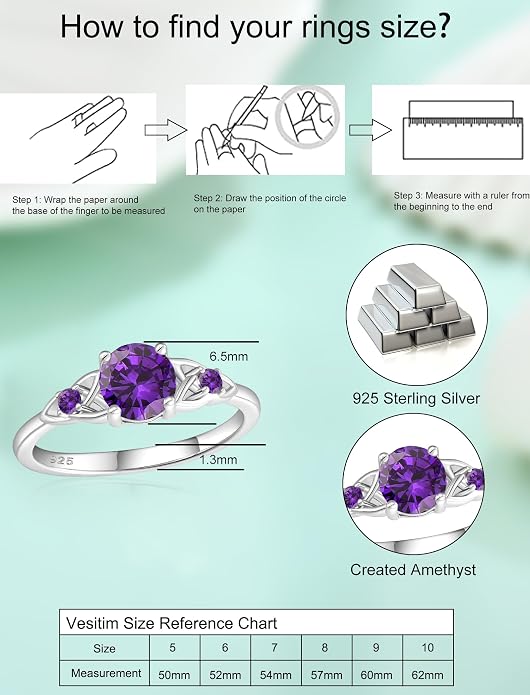 Celtic Knot Rings for Women 925 Sterling Silver Solitaire Ring Wedding Engagement Band Round Birthstone Jewelry Size 5-10
