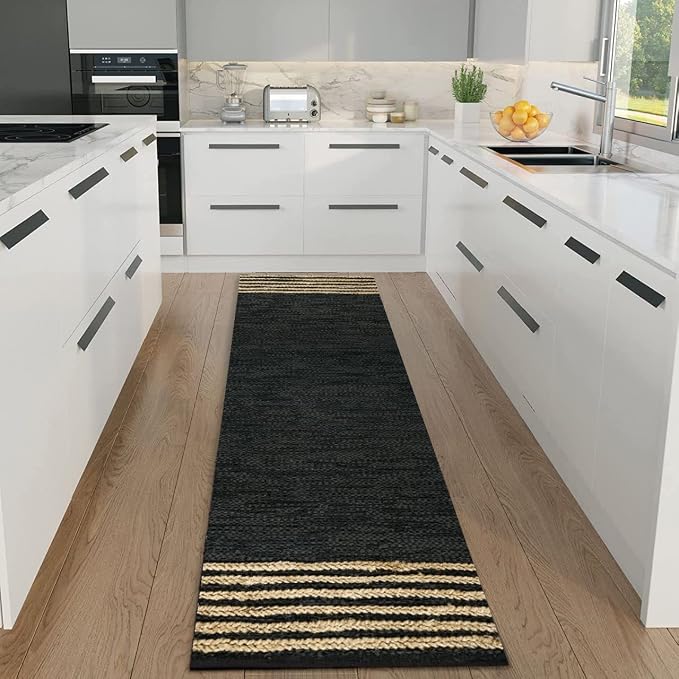 GRUHUM Jute Runner Rug 2'6"x 6' ft Natural Fiber Leather Black Jute Area Rug Handwoven Boho Farmhouse Braided Rustic Vintage Ecofriendly Indoor Rugs for Kitchen Living Room Bedroom Hallways Entryways