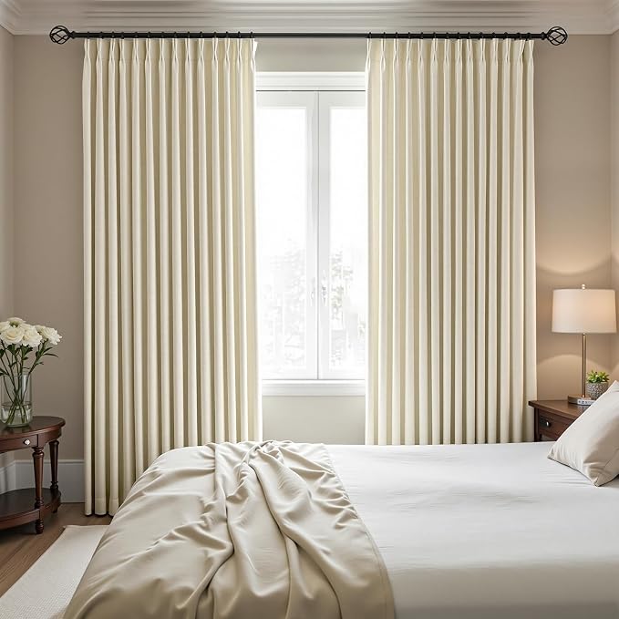 IVAPUPU Cream Beige Pinch Pleated Full Blackout Linen Curtains for Bedroom, Black Out Curtains 84 Inches Long for Living Room Darkening Thermal Insulated Neutral Pleat Drapes with 16 Hooks, 2 Panels
