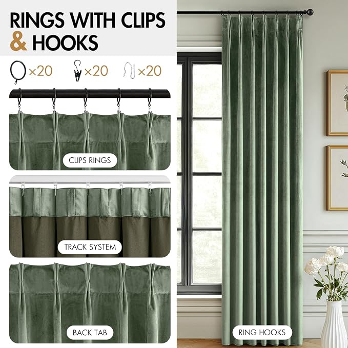 MIULEE Sage Green Velvet Curtains 84 inches Long, Pinch Pleated Blackout Drapes with Hooks, Thermal Insulated Pinch Pleat Panels for Bedroom Living Room, 2 Panels