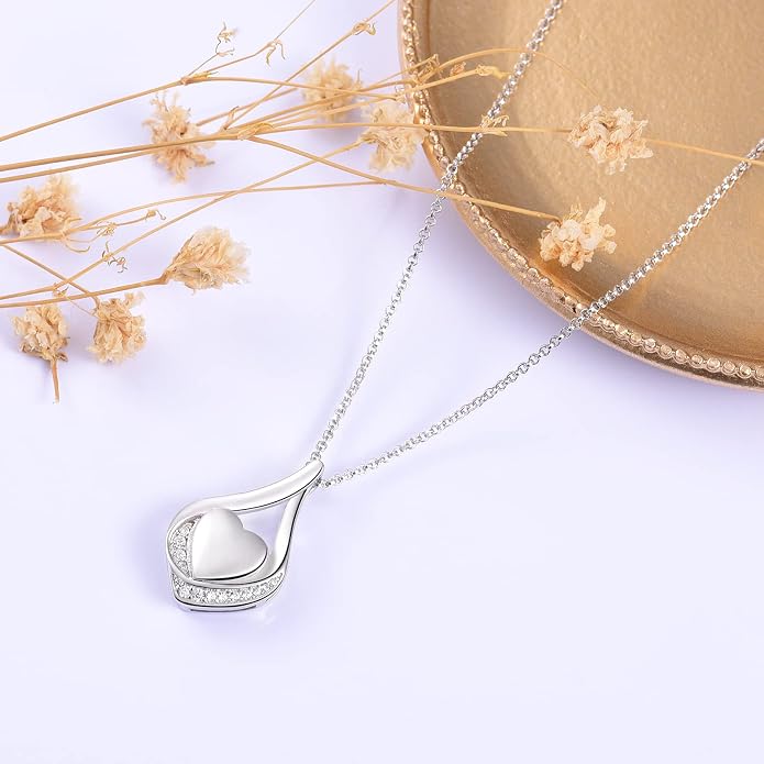 Cremation Jewelry 925 Sterling Silver Teardrop Urn Necklace for Ashes Heart Shape Memorial Keepsake Pendant for Human Ashes for Women Gift