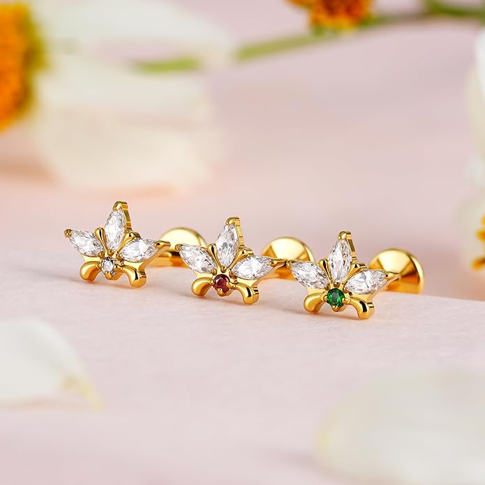 FINE4U ASTM F136 Titanium Piercing Jewelry Stud - 16G 6mm 8mm Triple Marquise Lotus Flower Cartilage Earring, Hypoallergenic Flatback Bridal Jewelry