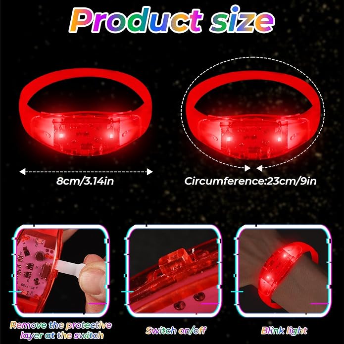 24 Pack Light UP Bracelets Sound Activated Flashing Wristbands Music Control Glow in the Dark Bracelets for Rave Game Prizes Carnival Concerts Night Events Mardi Gras Party Favors