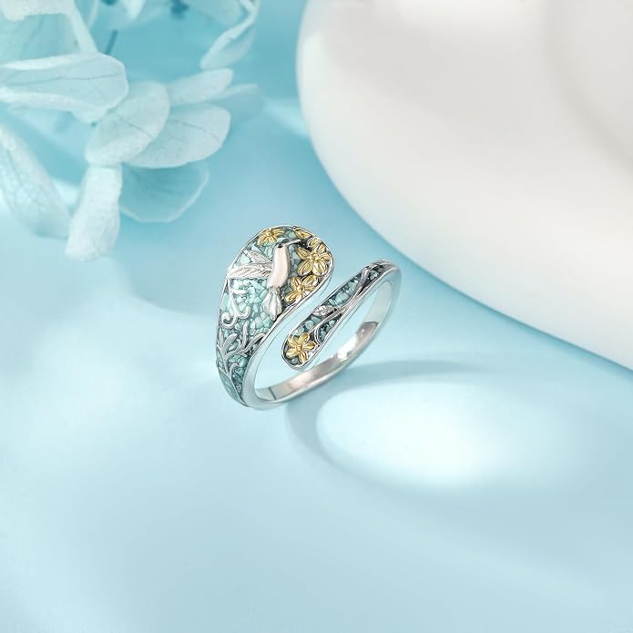 SNOWELLE Turquoise Spoon Rings S925 Sterling Silver Turquoise Adjustable Ring Jewelry Gift for Women Men
