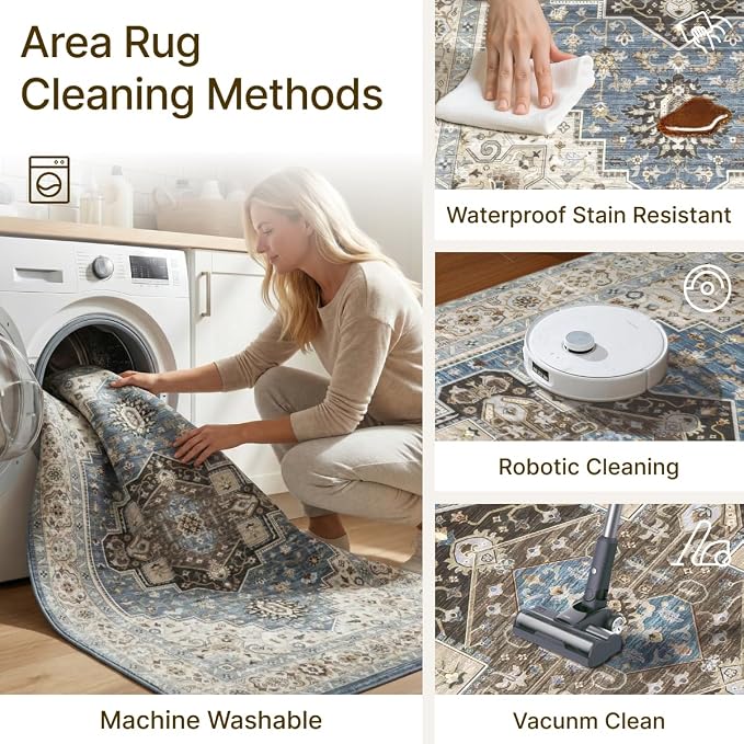 3x5 Area Rug for Living Room-Vintage Farmhouse Boho Floral Washable Stain Resistant Indoor Carpet for Bedroom Office and Home Decor(Floral Blue)