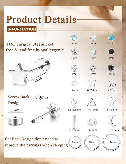 LOLIAS 21Pairs Surgical Steel Flat Back Earrings Hypoallergenic 20G Screw Back Nap Stack Cartilage Earring Stacks