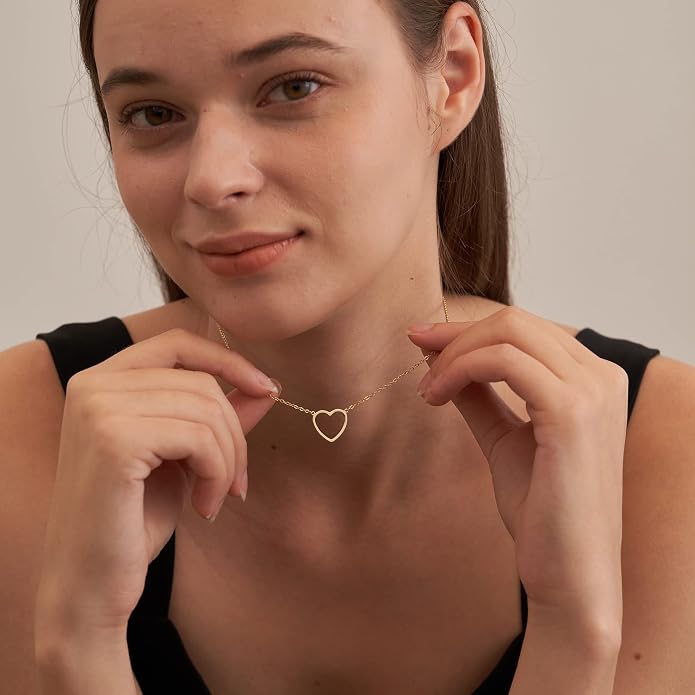 Tewiky Cute Heart Necklace Tiny 14k Gold Heart Pendant Choker Necklaces Small Gold Love Open Heart Chain Necklace for Women Dainty Gold Necklace Gifts for Her