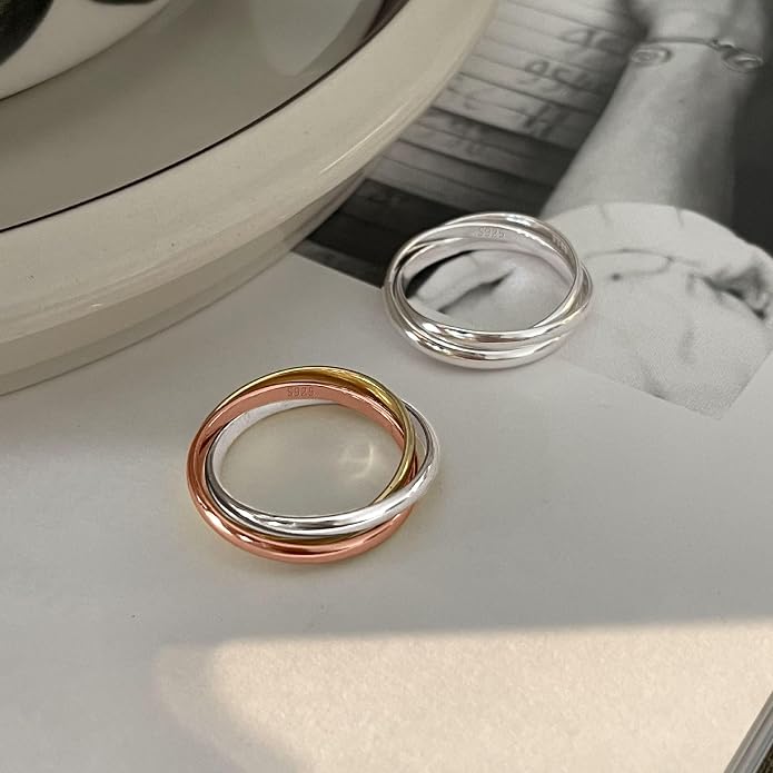 14K Gold Plated Interlocking Fidget Anxiety Ring 925 Sterling Silver Stackble Rings for Women Men Rolling Triple Spinner Ring Minimalist Trendy Knuckle Rings Jewelry Birthday Graduation Gifts