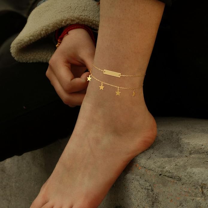 ASCOMY Anklets for Women 14K Gold/Silver Ankle Bracelets Dainty Cute Star Cubic Zirconia Devil's Eye Infinity Charm Pearl Satellite Sparkling Chain Summer Beach Foot Bracelet Jewelry Gifts for Her