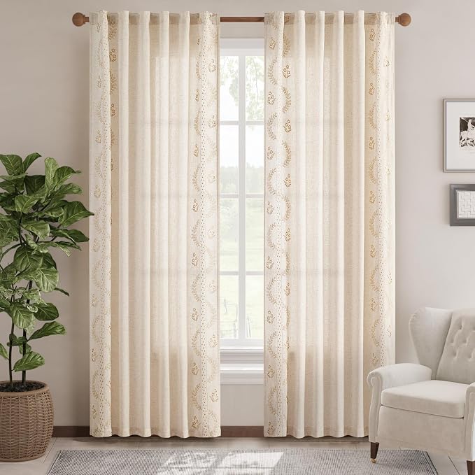 jinchan Floral Linen Curtains 84 Inch Farmhouse Back Tab 2 Panels Beige | Embroidered curtains,boho curtains,living room,bedroom,light filtering,privacy,flower patterned drapes,window treatment
