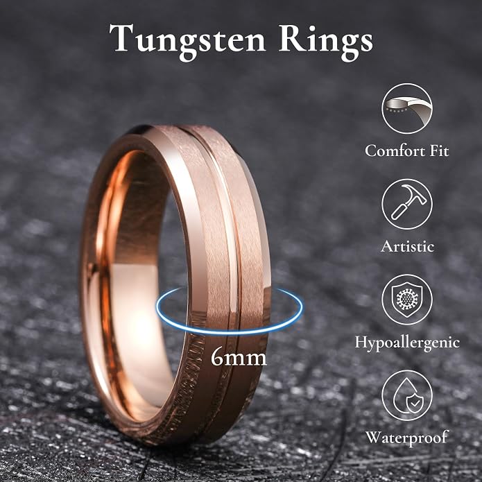 King Will Tungsten Carbide Wedding Band for Men Women-6/8/10mm Width Multicolor Available with Grooved Center Wedding Ring Suitable for Work, Gym Comfort Fit Size 4-16