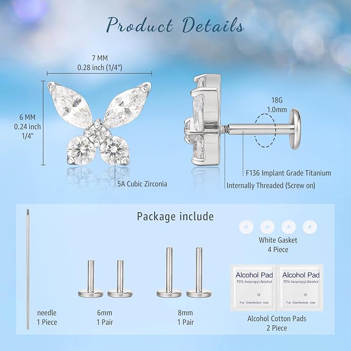Limerencia 2Pcs 18g Titanium Internally Threaded Tragus Piercing Jewelry Nose Studs Flat Back Earrings Labret, Lip, Helix, Cartilage, Conch, Medusa Piercing for Women Men Sensitive Ears