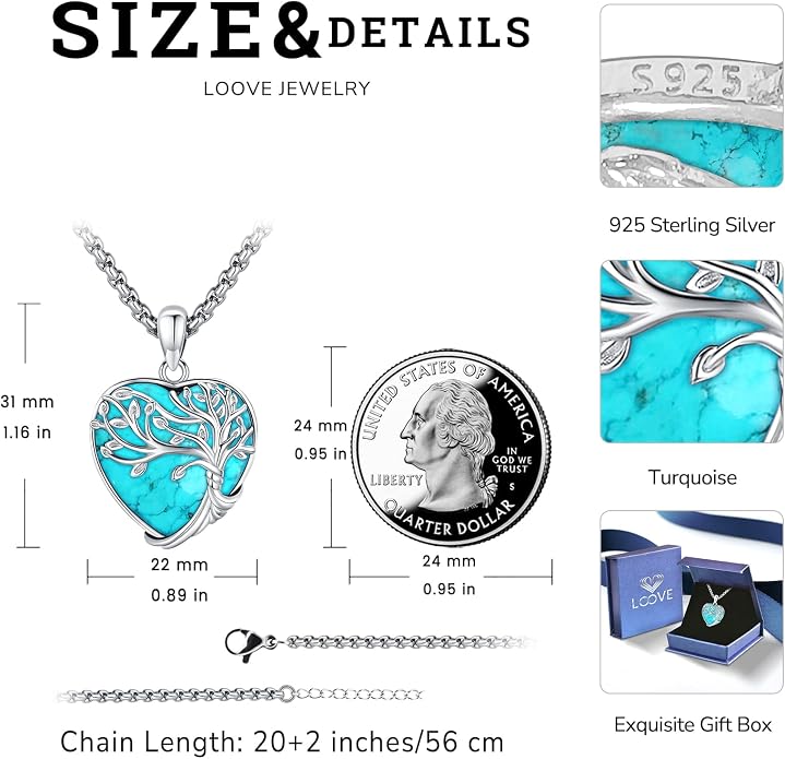 Tree of Life Necklace for Women Sterling Silver Celtic Moon Tree Moonstone Turquoise Pendant Heart Family Tree Necklace for Mother Daughter Sister Gifts