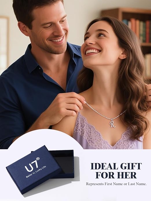 U7 Initial Necklace for Women, Gold/Platinum Plated CZ Crystal Letter A-Z Pendant Necklace, Shiny 20 Inch Name Chain Dainty Personalized Jewelry for Men Mom Wife Friend