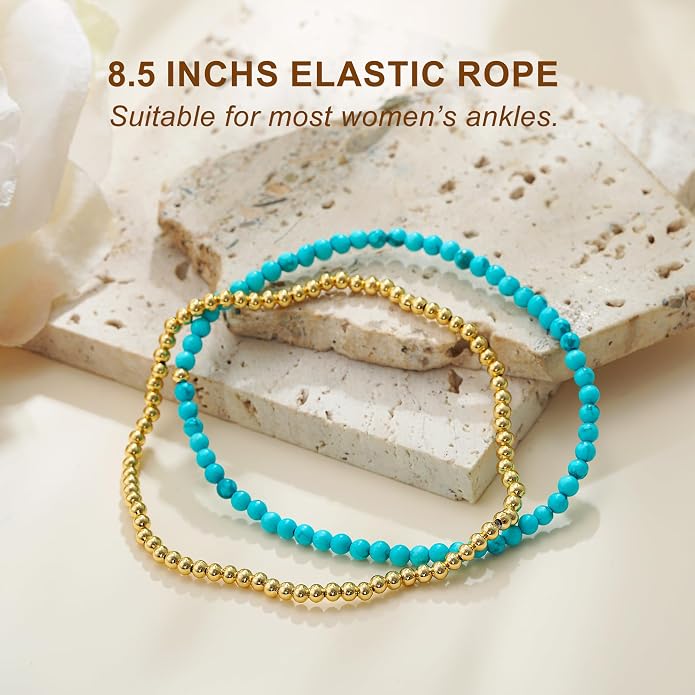 Boho Gold Anklet Bracelets for Women, Waterproof Beach Layered Pearl Beaded Turquoise Anklets Set Handmade Jewelry Gift