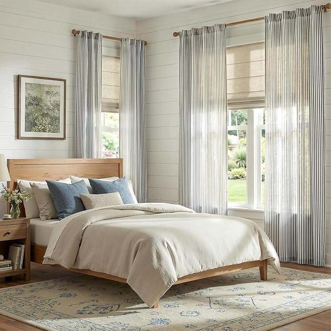 jinchan Linen Curtains 84 Inch Blue Stripe on Beige Back Tab 4 Panels | Curtains For Living Room Bedroom,Ticking Stripe Pattern, Farmhouse Cottage Core Rustic,Window Treatment,Light Filtering