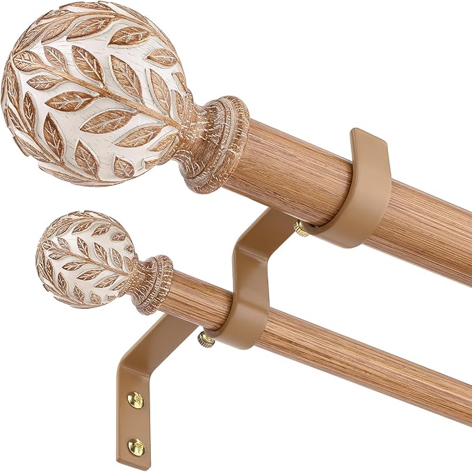 Boho Decorative Double Curtain Rod, 36-122 Inch, White Wood | Handmade Wood Grain Leaf Finials, Heavy Duty Adjustable Long Rustic Metal Dual Layer Rods, 40 lb Capacity, Easy to Install