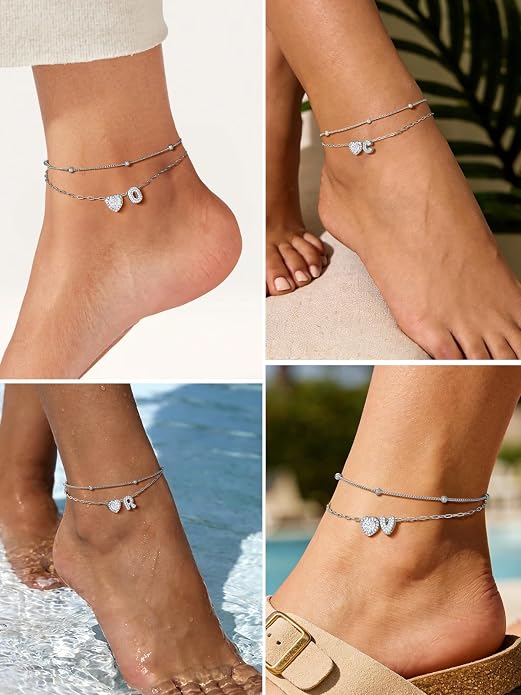 FindChic Silver/14K Gold Plated Layered CZ Initial Ankle Bracelet for Women | Waterproof Stainless Steel, Cubic Zirconia Letter Charm, Non-Tarnish, Hypoallergenic, Adjustable Extender, Summer Jewelry