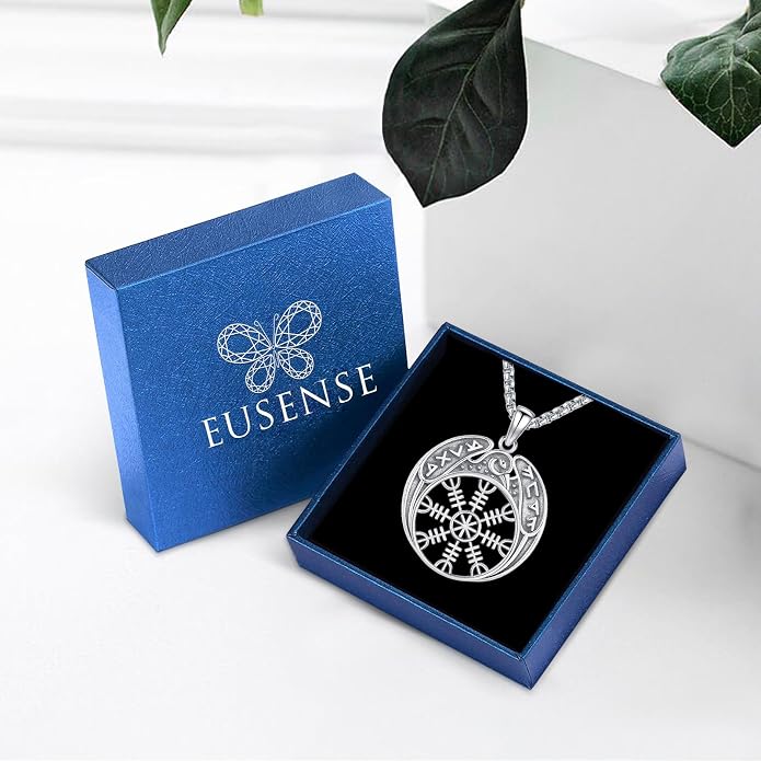 Eusense Viking Necklace for Men Women 925 Sterling Silver Pendant Thors Hammer/Norse Runes/Odin's Ravens/Wolf/Dragon/Snake/Yggdrasil/Freya/Helm of Awe/Valknut/Triskelion/Axe/Shield Viking Jewelry