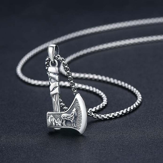 MEDWISE Viking Axe Pendant Necklace Celtic Wolf S925 Sterling Silver Celtic Norse Talisman Viking Rune Viking Jewelry Axe Warrior Hatchet Axe Amulet Necklace for Men Women