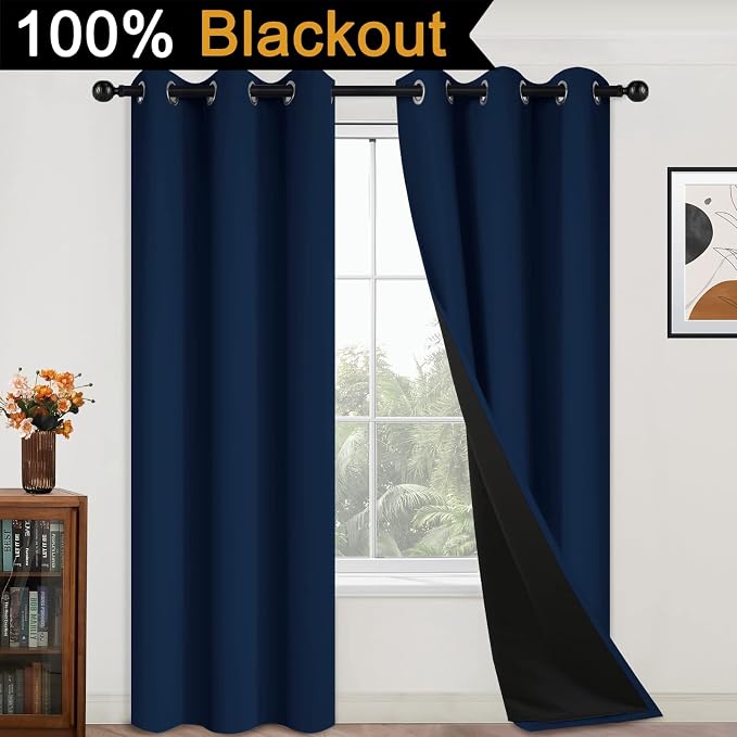 Yakamok Navy Blue 100% Blackout Curtains 84 Inches Long 42" Wide, 2 Panels | Blackout Curtain Panels for Bedroom, 2 Thick Layers Grommet Top Thermal Insulated Drapes with Black Liner for Living Room