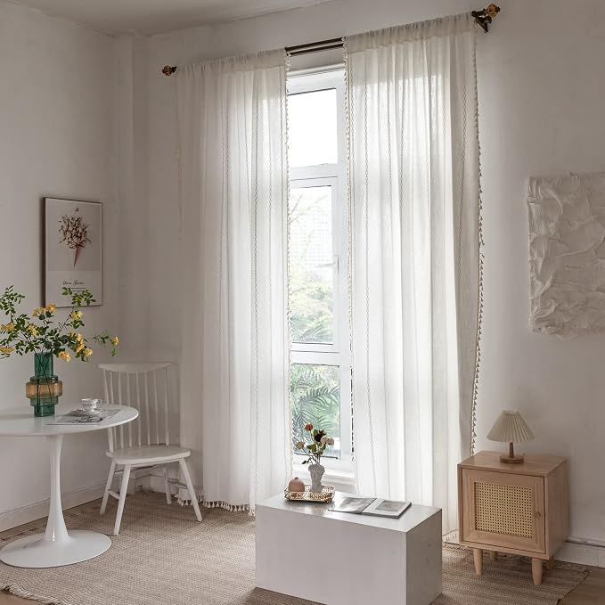 Boho Linen Curtains Off White - 96" Long, 2 Panels for Living Room, Bedroom - Embroidery Country Farmhouse Style - Light Filtering - Rod Pocket Drapes 52" W x 96" L