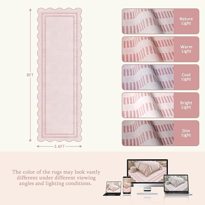 Pink Runner Rug 2.6x8 Kitchen Hallway Scalloped Rugs, Non Skid Stain-Resistant Indoor Washable Rug Soft Entryway Carpet Runner for Bathroom Laundry Room