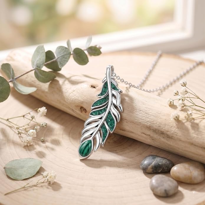 Feather Necklace White Gold Boho Jewelry Nature Inspired Statement Birthstone Pendant Gifts for Women