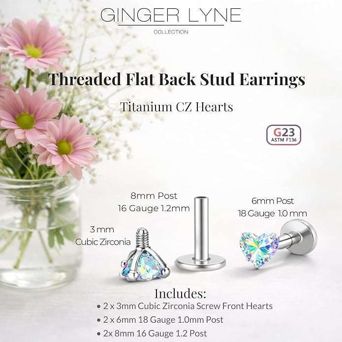 Titanium Heart CZ Labret Stud Earrings for Piercings by Ginger Lyne 6Pc Set G23 Screw Front Flat Back Body Jewelry 2 pair post 6mm, 8mm Cartilage, Helix, Tragus, Lip, Conch, Lobe