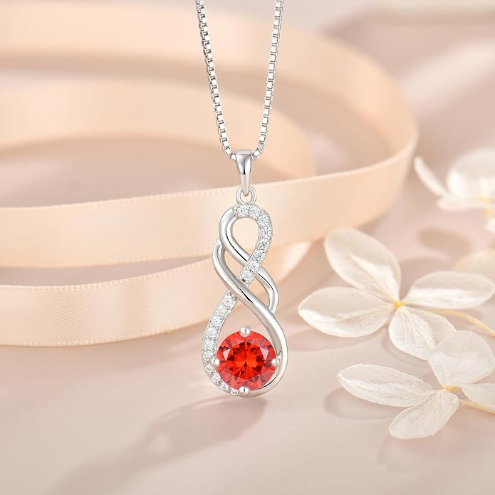Gemstone Infinity Pendant Necklaces for Women, S925 Sterling Silver Round cut Zircon Necklace Birthstone Jewelry Gift for Her